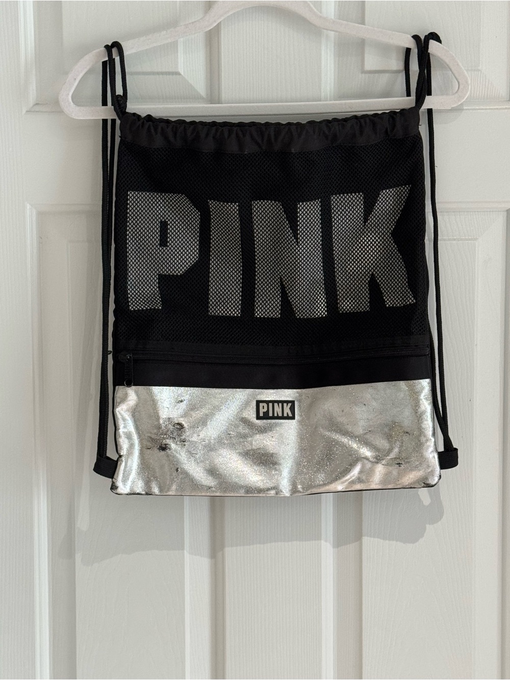 PINK Metallic Silver & Black Drawstring Backpack.